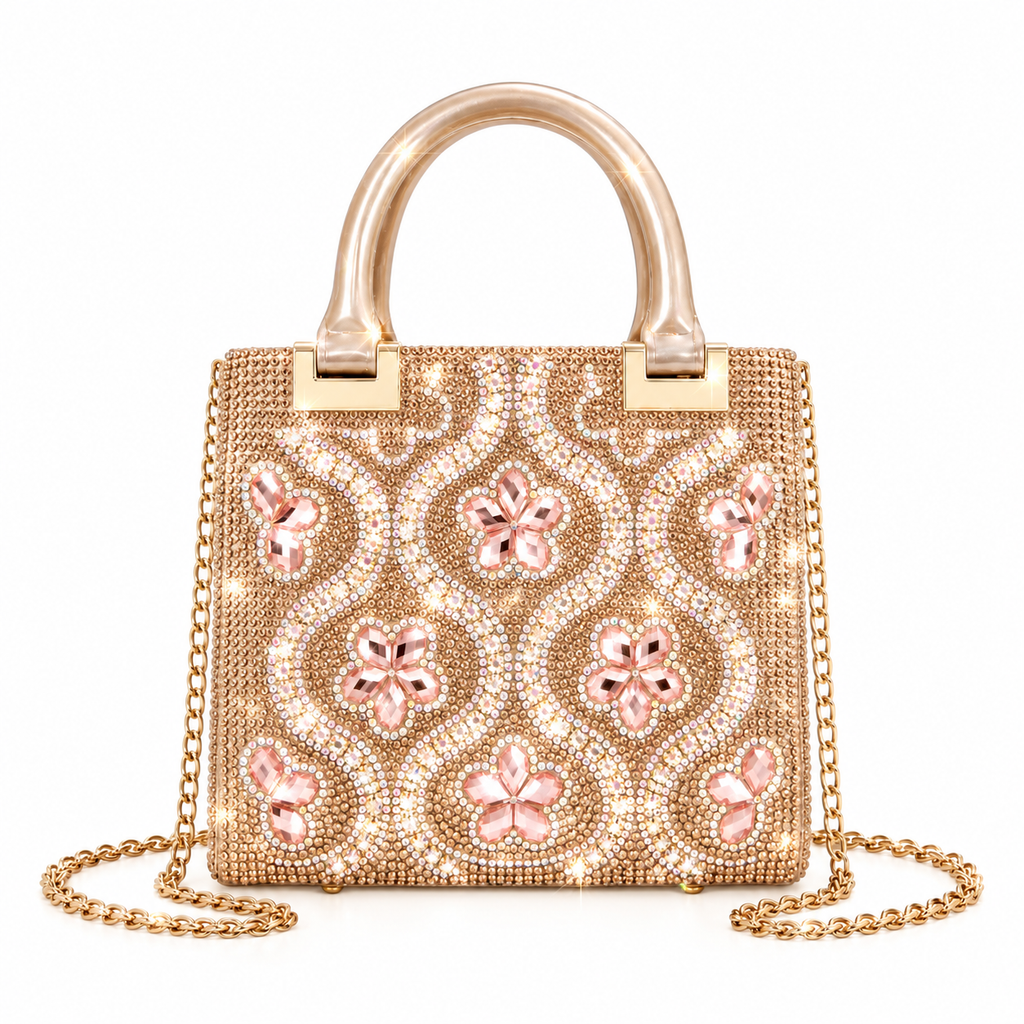 Bolso de fiesta con pedrería color champagne y efecto brillante
