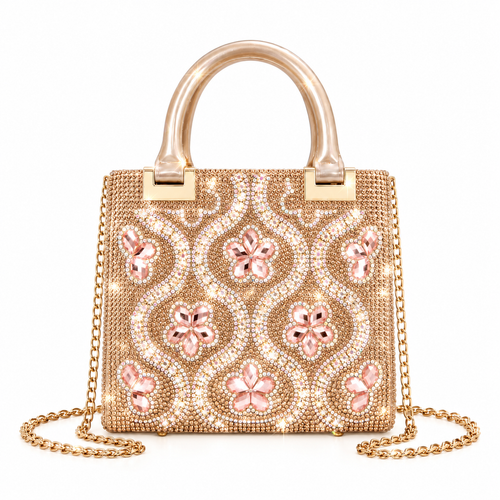Bolso de fiesta con pedrería color champagne y efecto brillante
