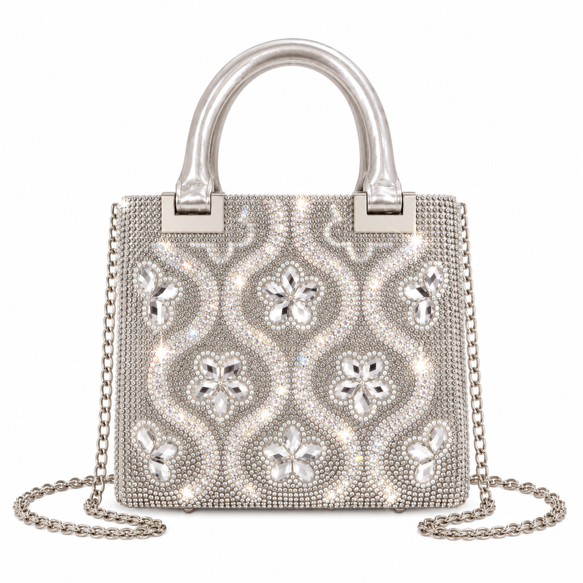 Bolso de fiesta con pedrería color plata y brillo elegante