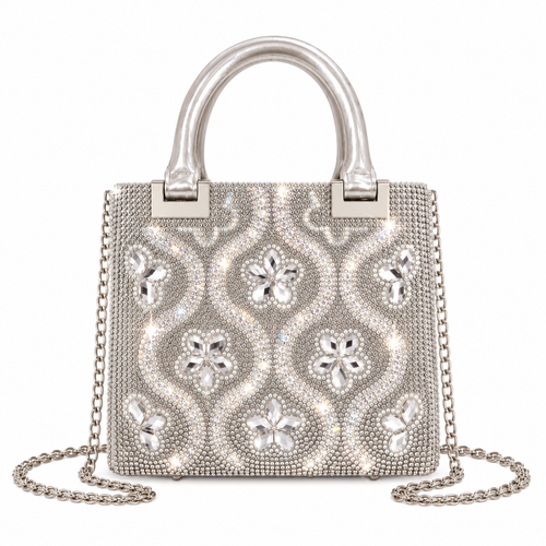 Bolso de fiesta con pedrería color plata y brillo elegante
