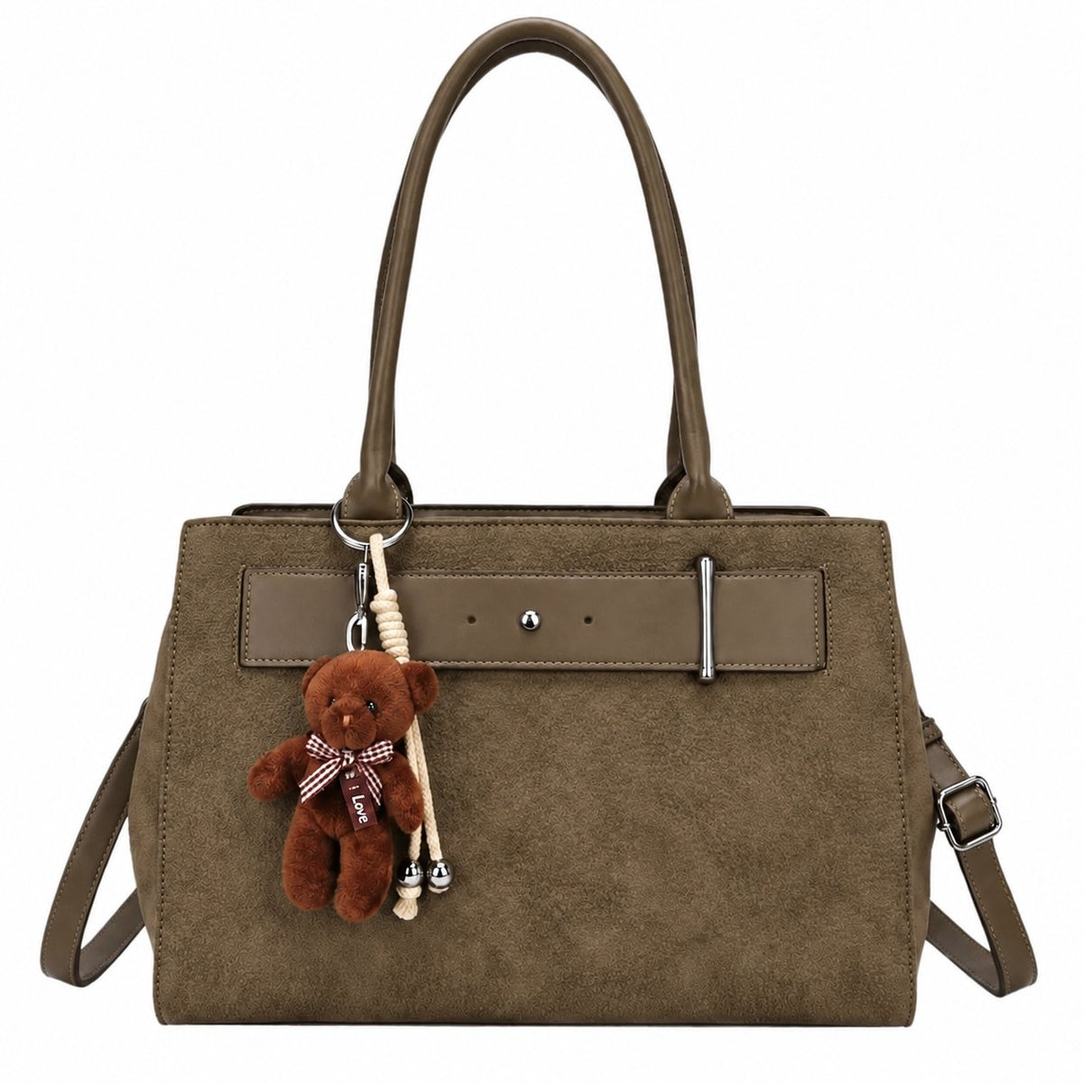 Bolso de mano color caqui oscuro con osito y bandolera