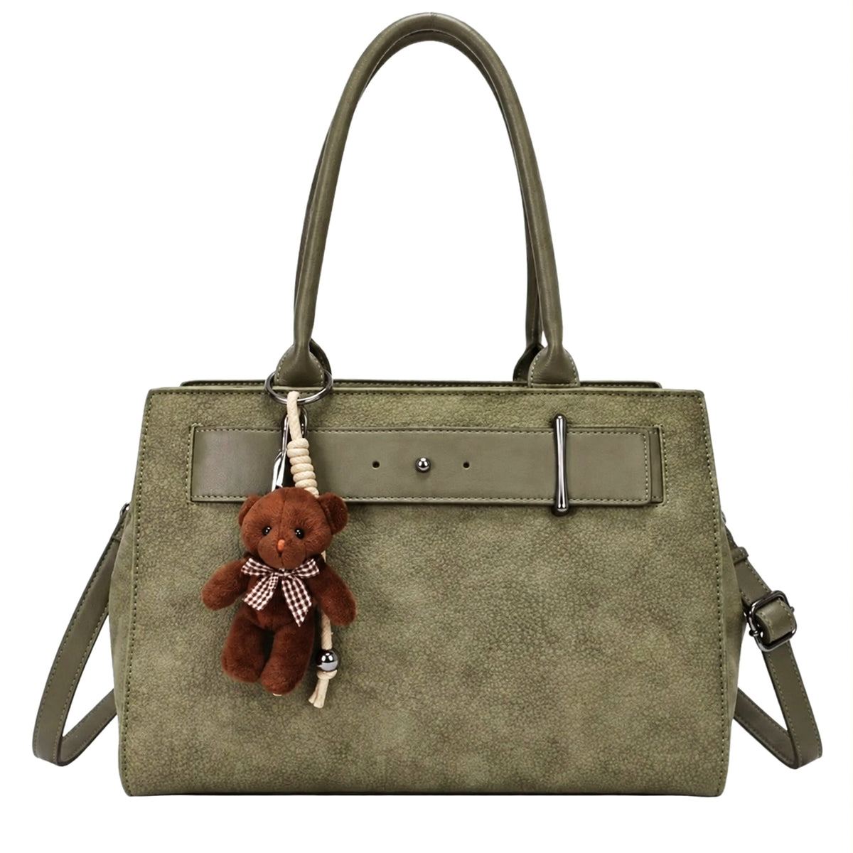 Bolso verde con osito — iluminación de estudio premium 4K