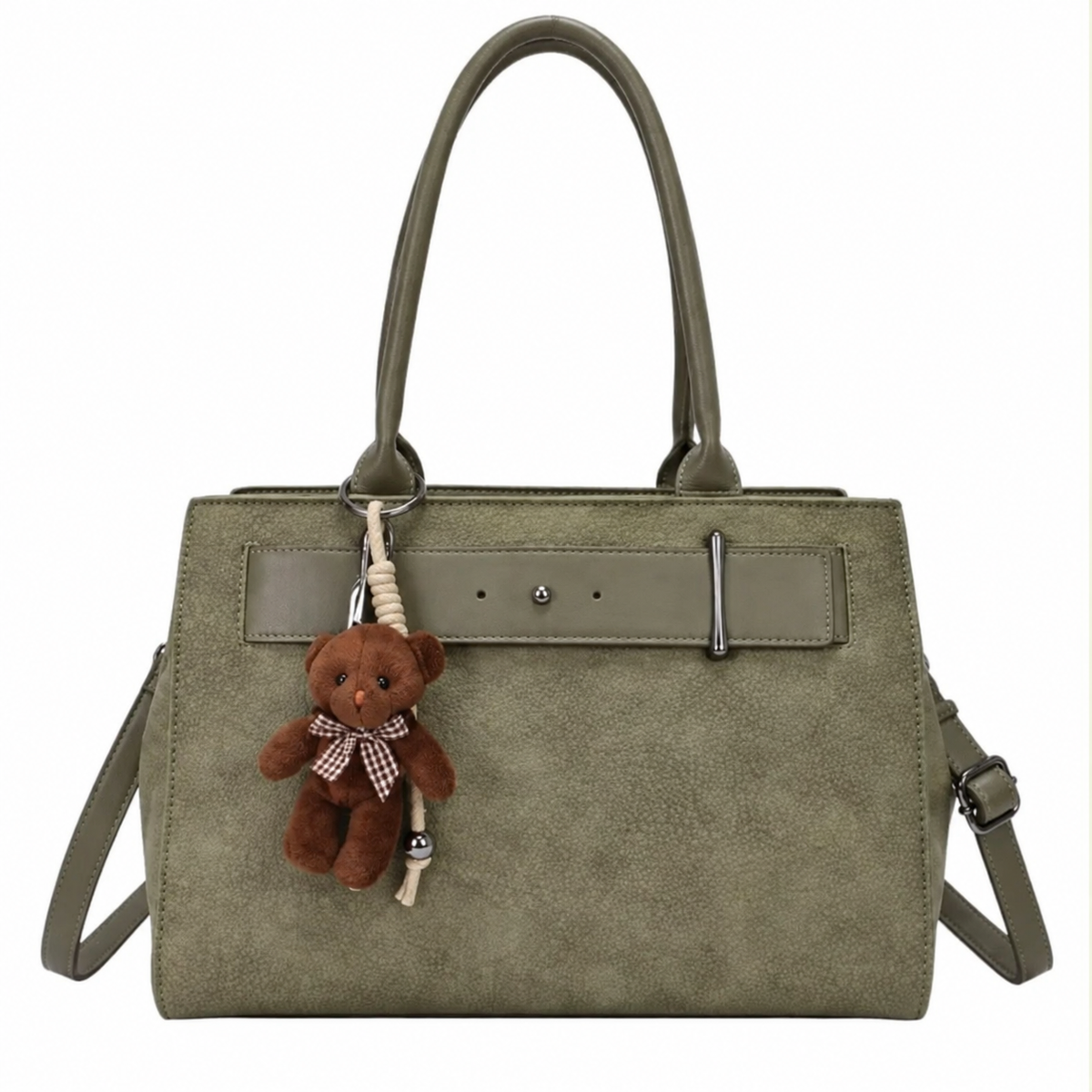 Imagen ilustrativa de bolso verde con osito marrón
